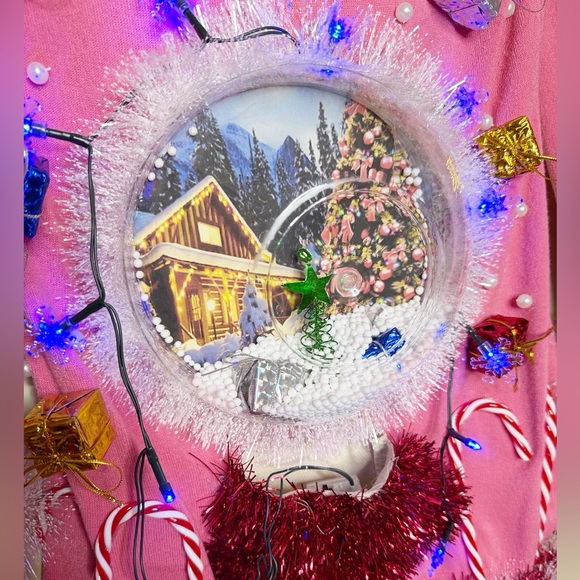 Festive Pink Snow globe Ugly Christmas Sweater with Lights - Picture 3 of 11